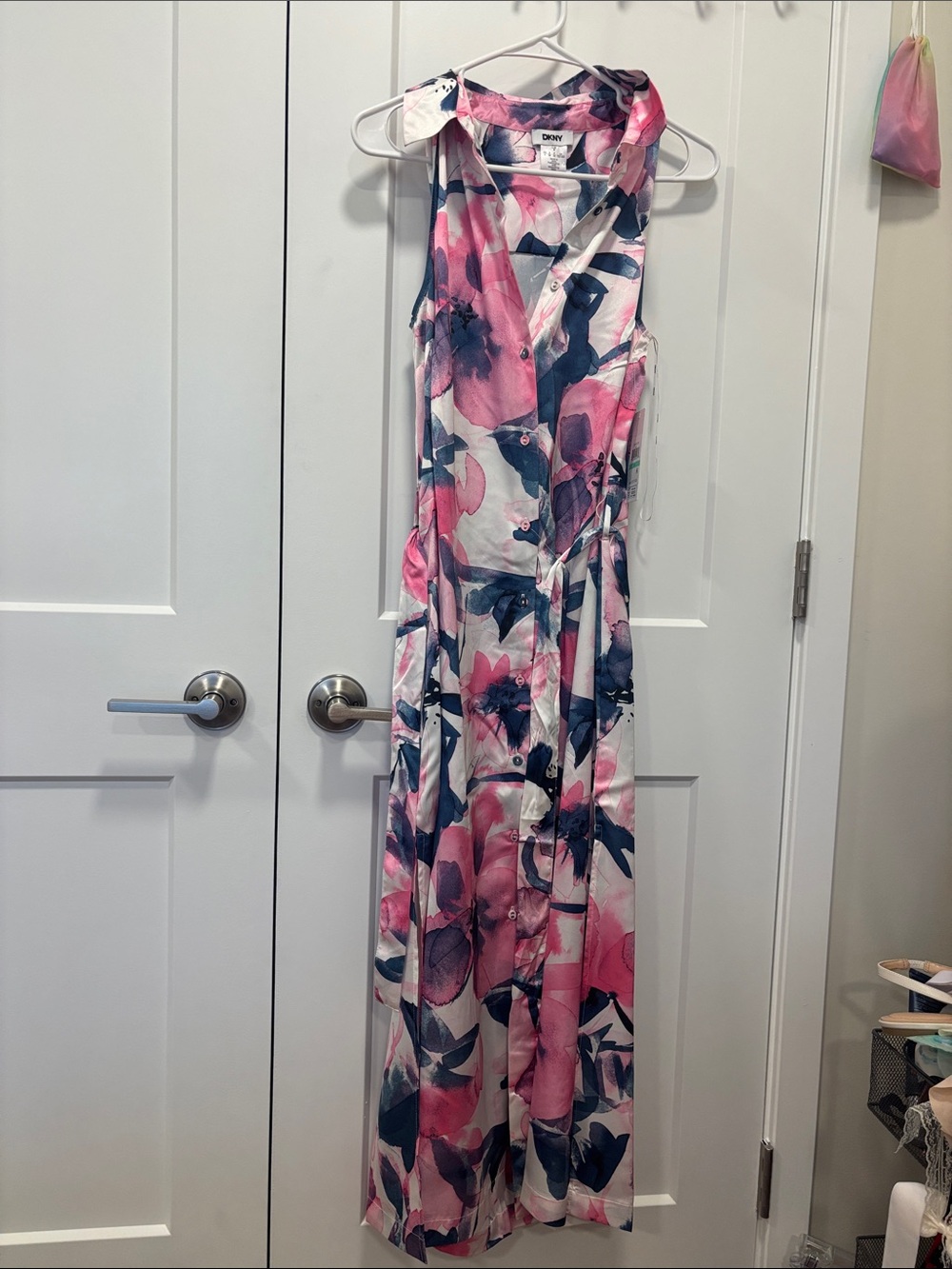 DKNY Pink & Navy Floral Sleeveless Wrap Dress